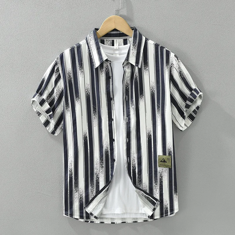 

100% Cotton Cool Stylish Japan Striped Shirts for Men Summer Short Sleeve Fashion Loose Blouses 24ss Y2k Youth Male Cityboy Tops