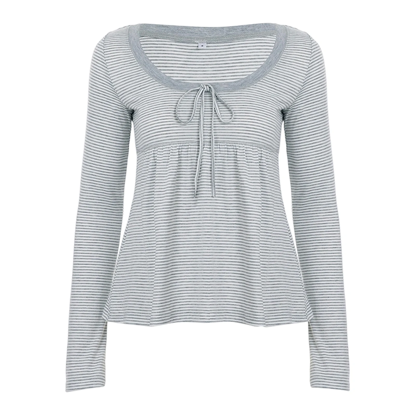 

Women s Autumn Casual Stripe Tops Long Sleeve U Neck Tie Front Babydoll T-shirts