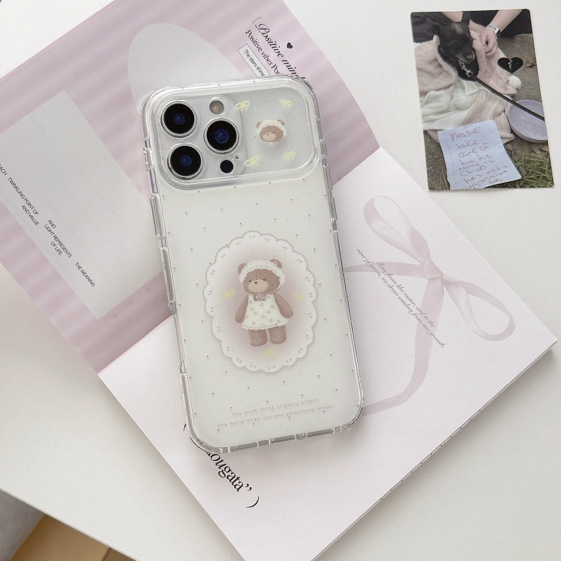 Cartoon Simple Bear Polka Dot Pattern Pink White Shockproof Protective Cover Case For iPhone 17 16 15 Pro Max with Lanyard - view 5