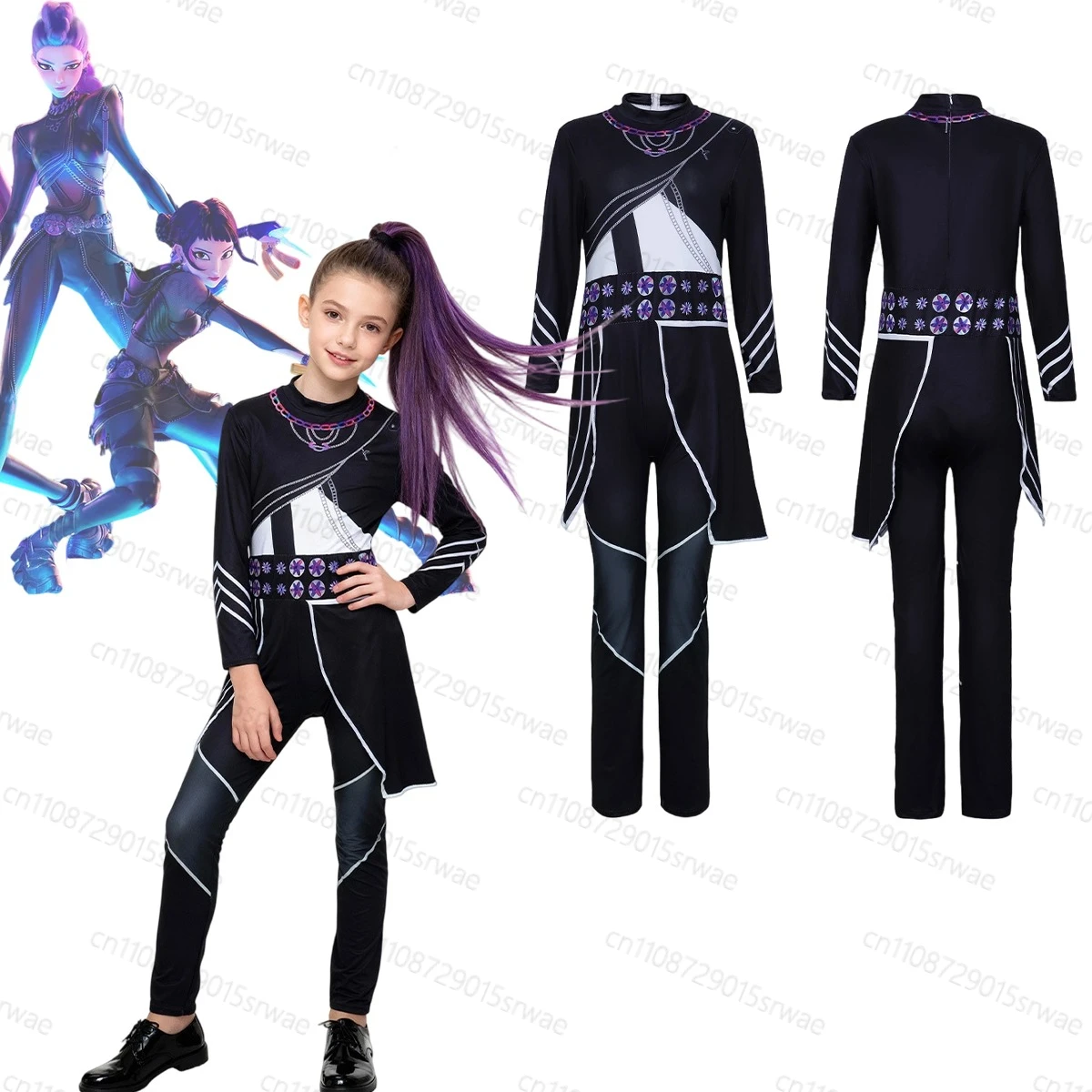 

2025 New Kids Kpop Demons Hunters Rumi Cosplay Costume Halloween Carnival Suit Milk silk jumpsuit Suit Cosplay Costume