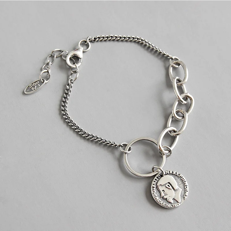 

Personalized student silver retro vintage design portrait coin pendant S925 Sterling Silver bracelet woman