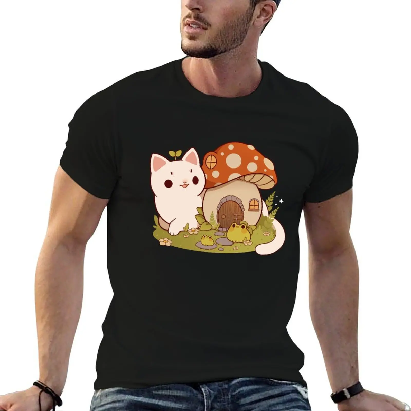 

Mushroom house with cat and frog friends T-Shirt t shirts for man cotton funny anime t shirts oversize T-Shirt