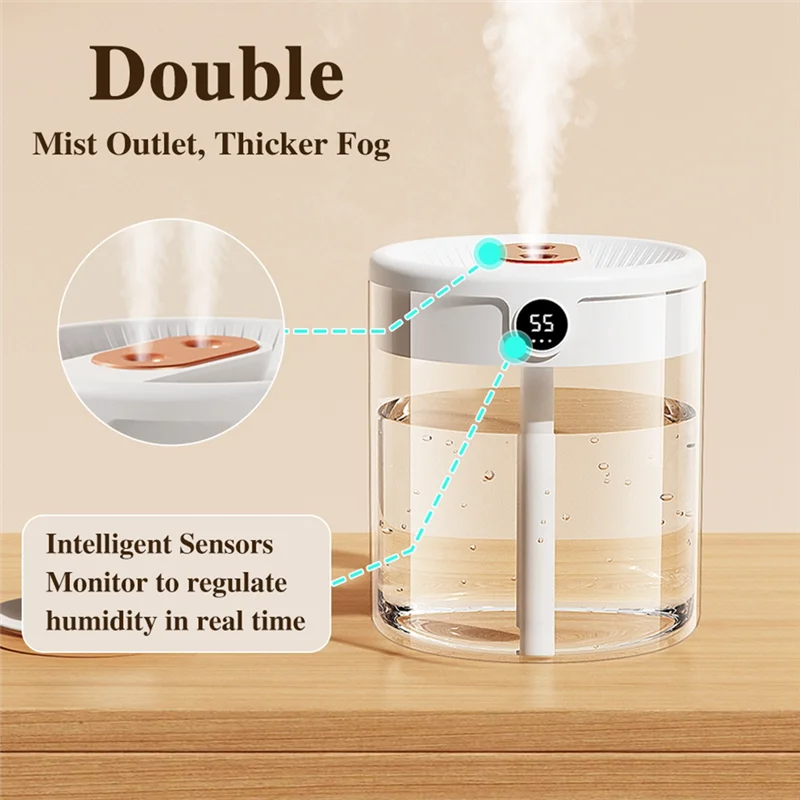 Stable-H2O Air Humidifier 2L Capacity Double Nozzle With LCD Humidity Display Essential Oil Diffuser Portable USB Durable Green