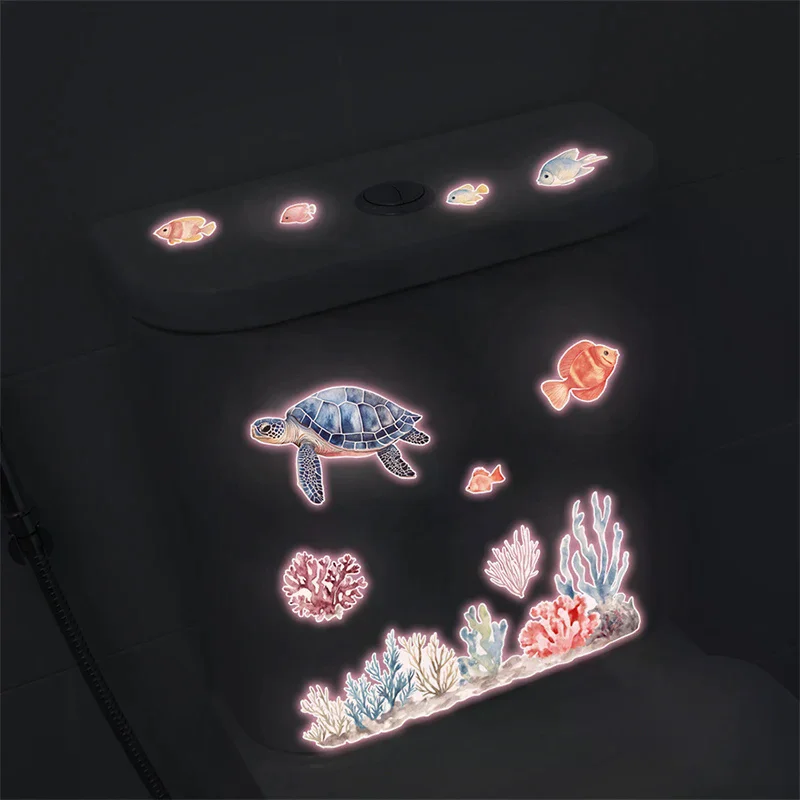Glow-in-the-Dark Rainbow Blue Flower Toilet Sticker Shiny Crystal Floral Theme Decal Self-Adhesive Removable Bathroom Decoration