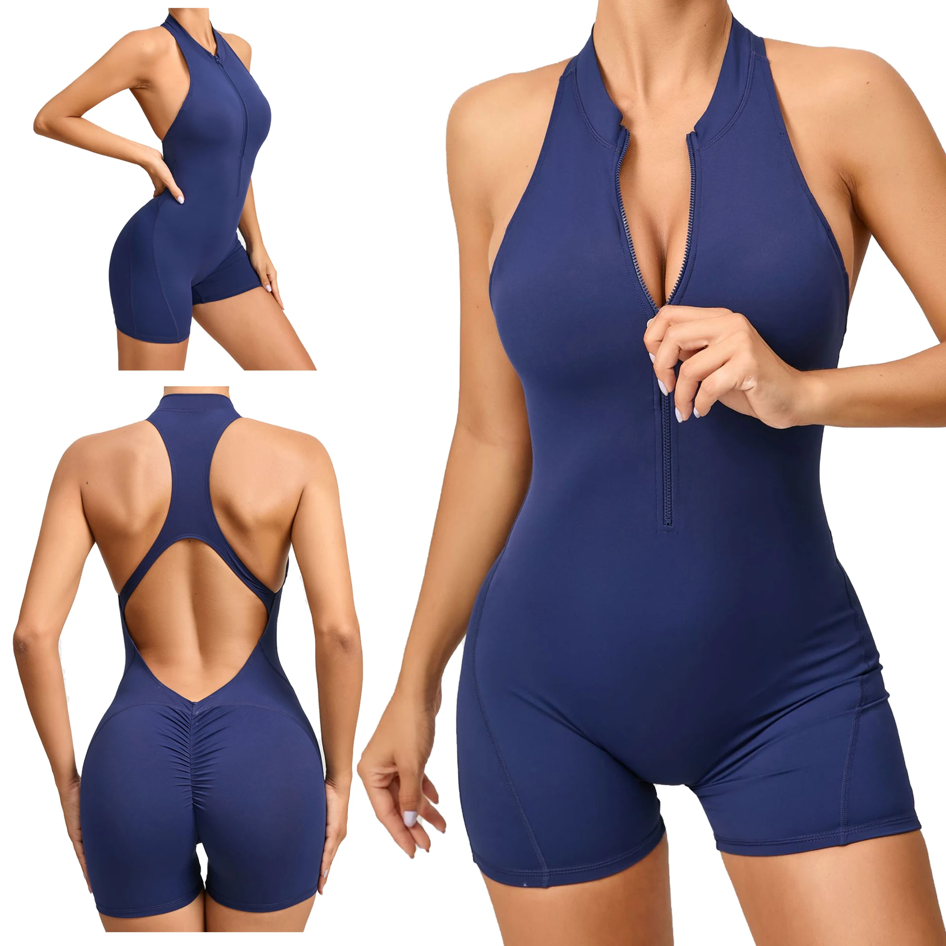 Women Gym Jumpsuit Seamless Fitness Bodysuit Half Zipper One Piece Short Workout Romper Spandex Exercise Suit Women Sportswear