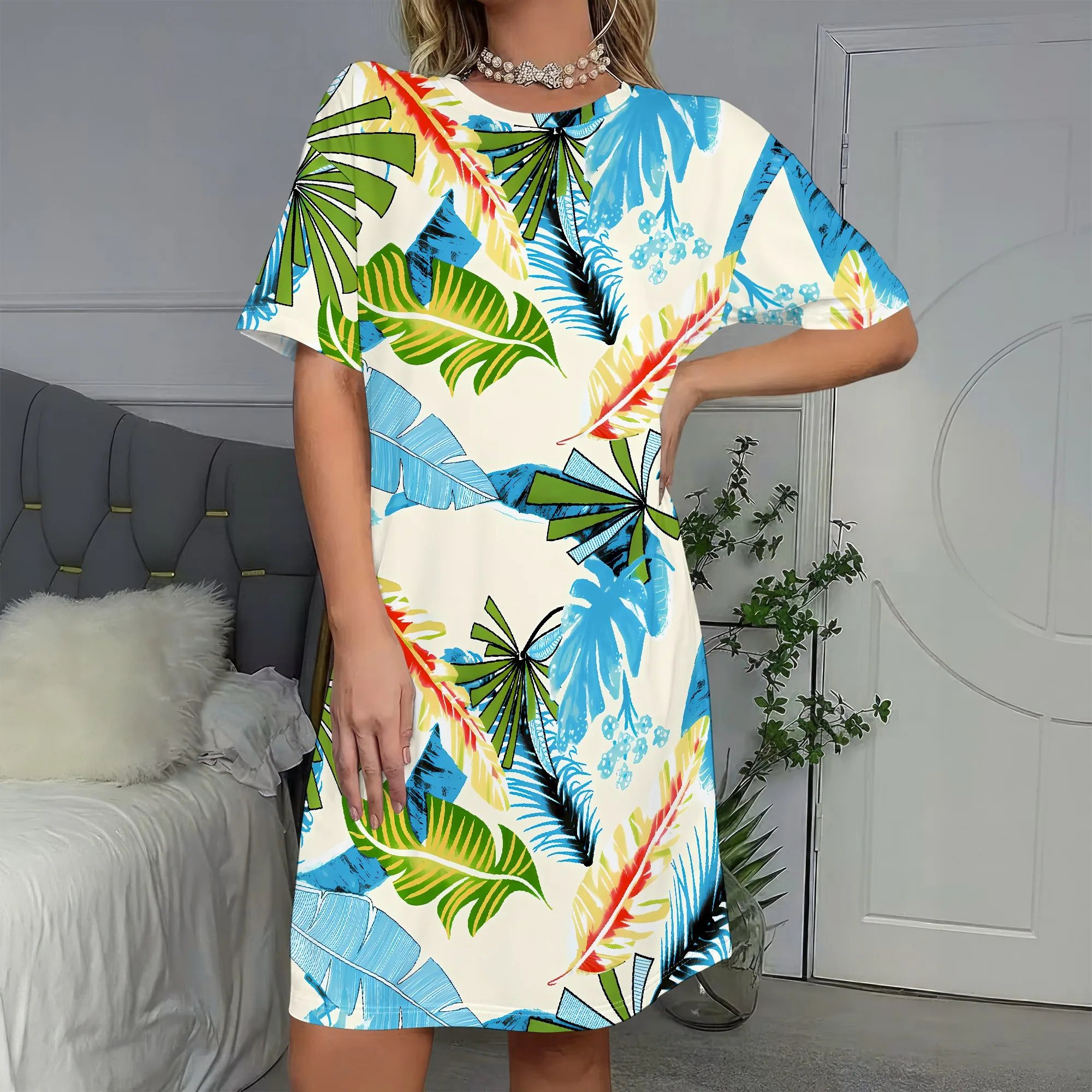 

Tropical Print, Summer Dress, Short Sleeve Beach Wear, V-Neck Casual Style, Vacation Resort Look, S-2XL