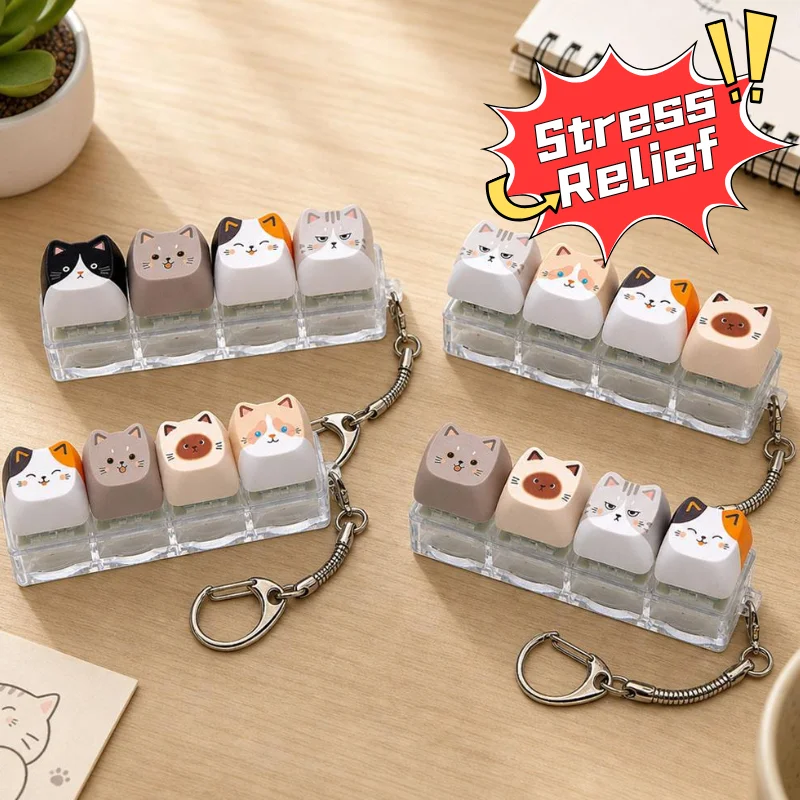 4Keys Clicker Stress Relief Keyboard Pendant Cute Cat Shape Mechanical Keychain Fidget Toy Portable Sensory Toy Gift 열쇠고리 Брелок
