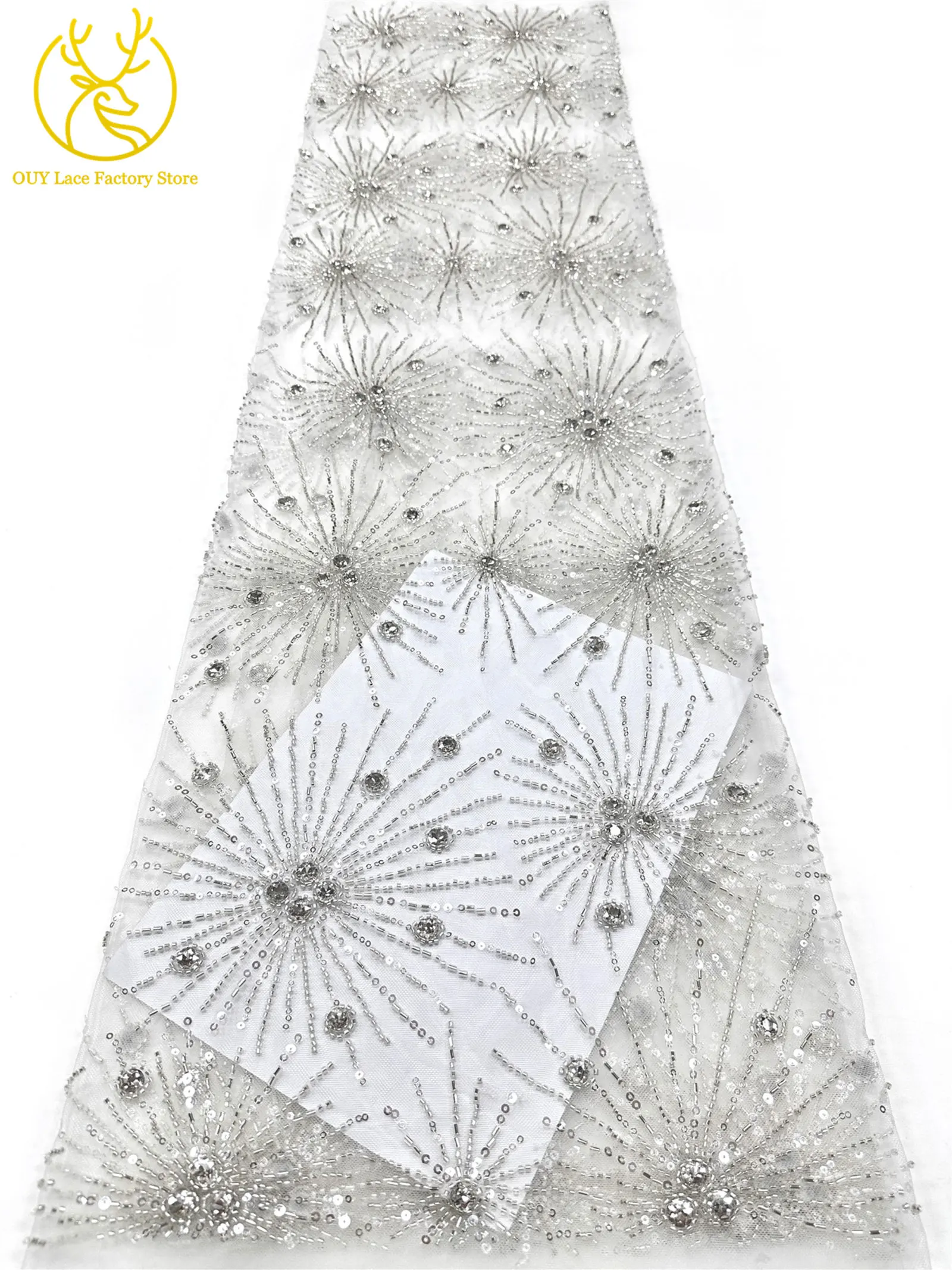 Neues Design Französische Edelstein-Spitzenstoffe 5 Meter Nigerianische Perlen-Pailletten-Spitze Afrikanischer Spitzenstoff für Hochzeitskleider – Detail 10