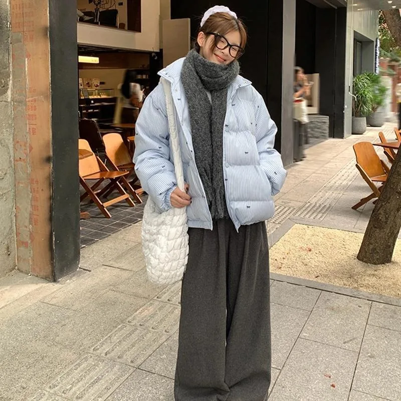 YYAHAHAS Koreańska Moda Niebieska Kokarda Paski Stójka Płaszcz Zimowy 2025 Kurtka Bawełniana Nowe Parki Odzież Damska