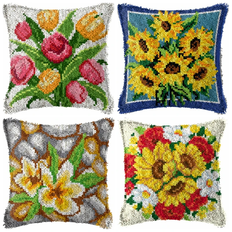 

Sunflower/Rose Flower Series Latch Hook Kits Embroidery DIY Button Pad Package Smyrna klink haak Embroidery Pillow knooppakket