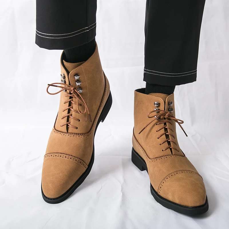 

Winter Red-soled Business Men Chelsea Boots Black-brown Suede High-top Laced Business Fashion Brogue Shoes Training Boots Men