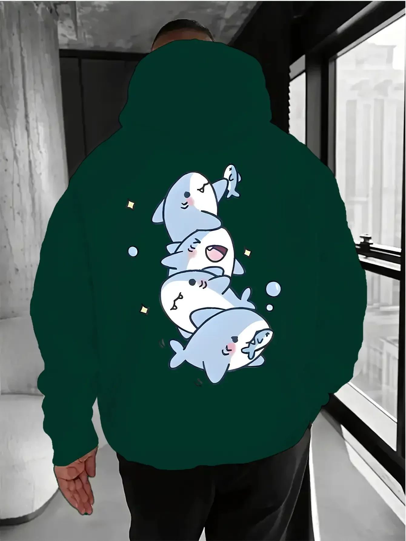 Oversized Warm Fleece Hoodie Men Cute Stacked Cartoon Shark Graphic Print Autumn Winter Loose Casual Pullover Sweatshirt