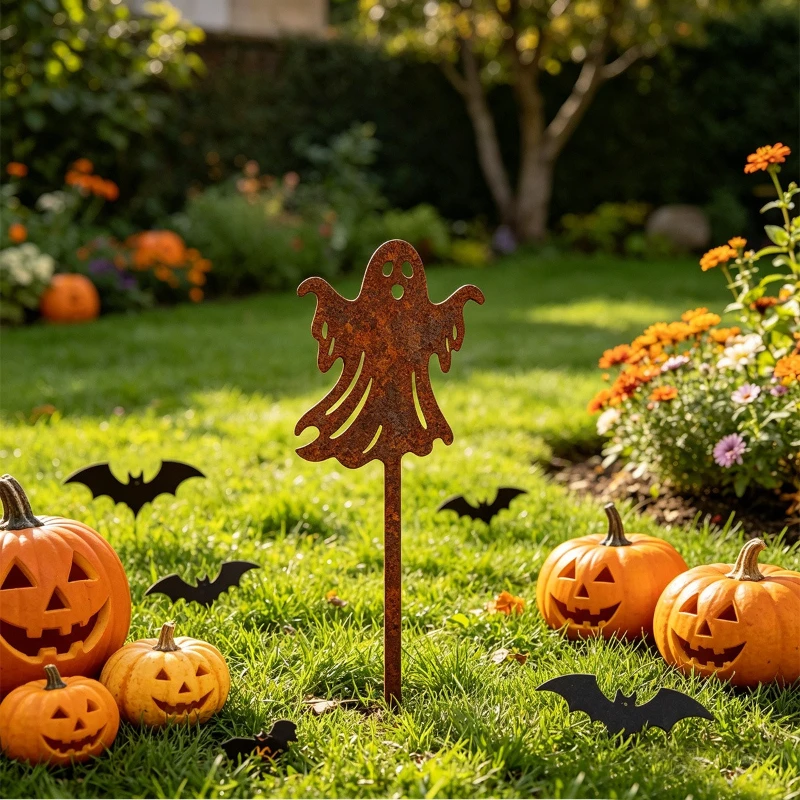 Halloween Pumpkin Garden Stakes 3 Pack, Rusty Metal Ground Stakes Outdoor Decor, Vintage Fall Yard Decoration
