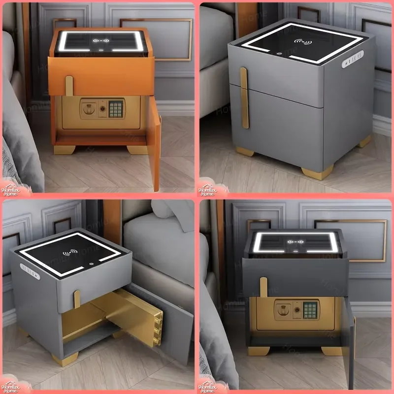 Modern Solid Wood Bedside Table with Wireless Charging Mirror Locker Multi Function Nightstand for Bedroom Apartment Home