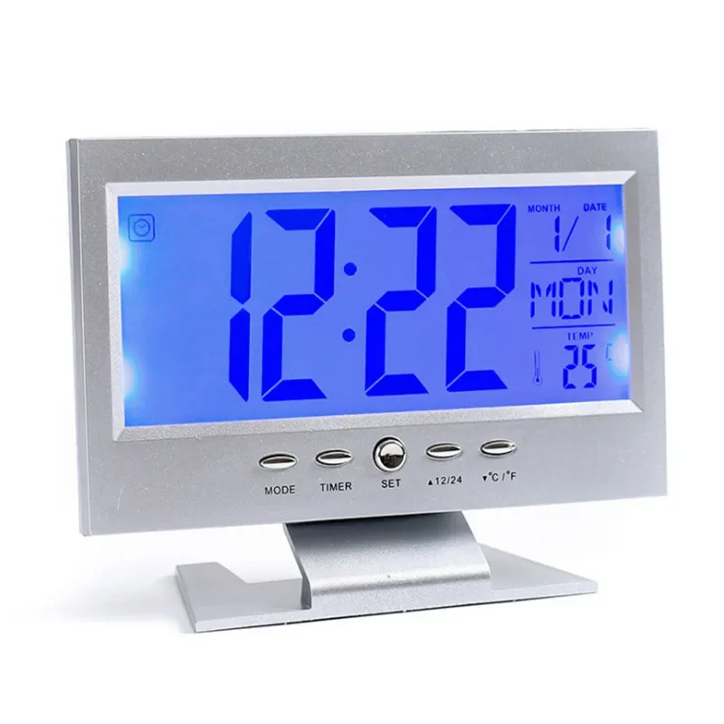 

Voice Control Back-light LCD Alarm Clock Weather Monitor Calendar With Timer Sound Sensor Temperature Decor Desktop Table Clock