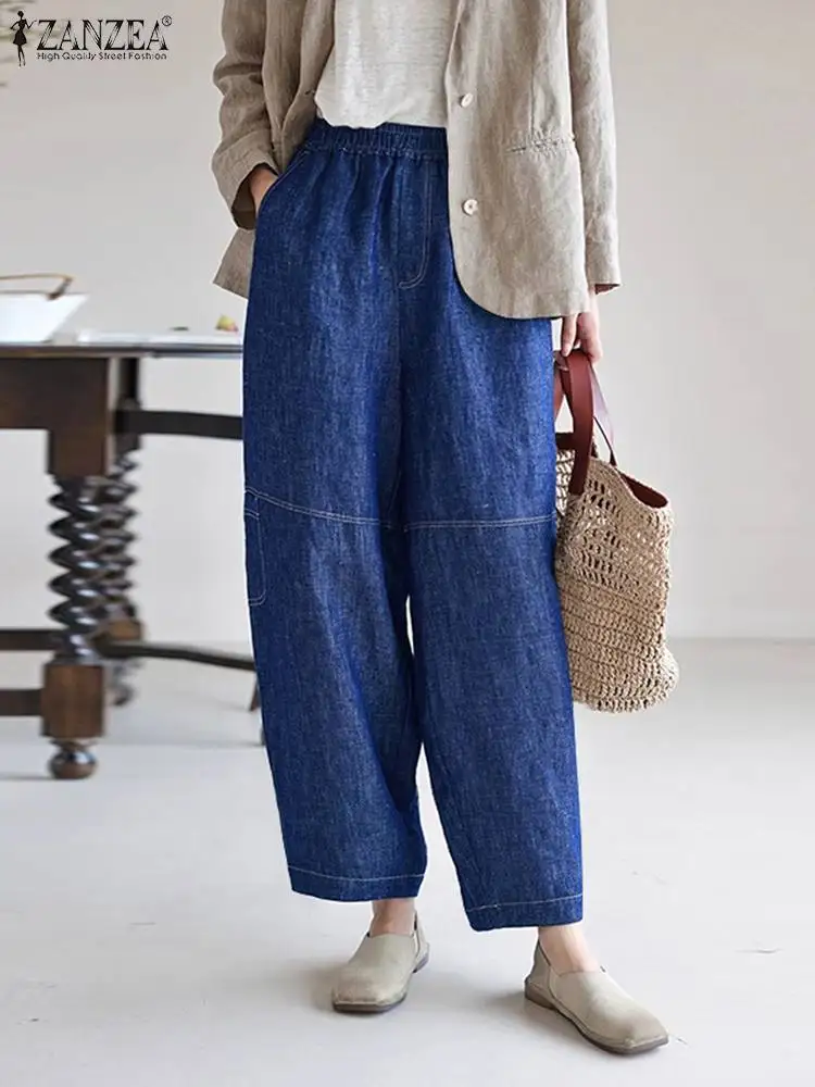 

ZANZEA 2023 Women Denim Long Pants Elegant Elastic Waist Pantalones Casual Loose Harem Trousers Autumn Solid Pockets Bottoms