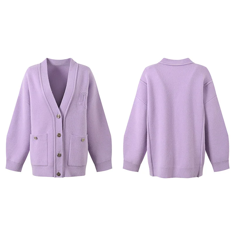 New women's lazy fashion with leisure loose purple V-neck knitted cardigan top coat