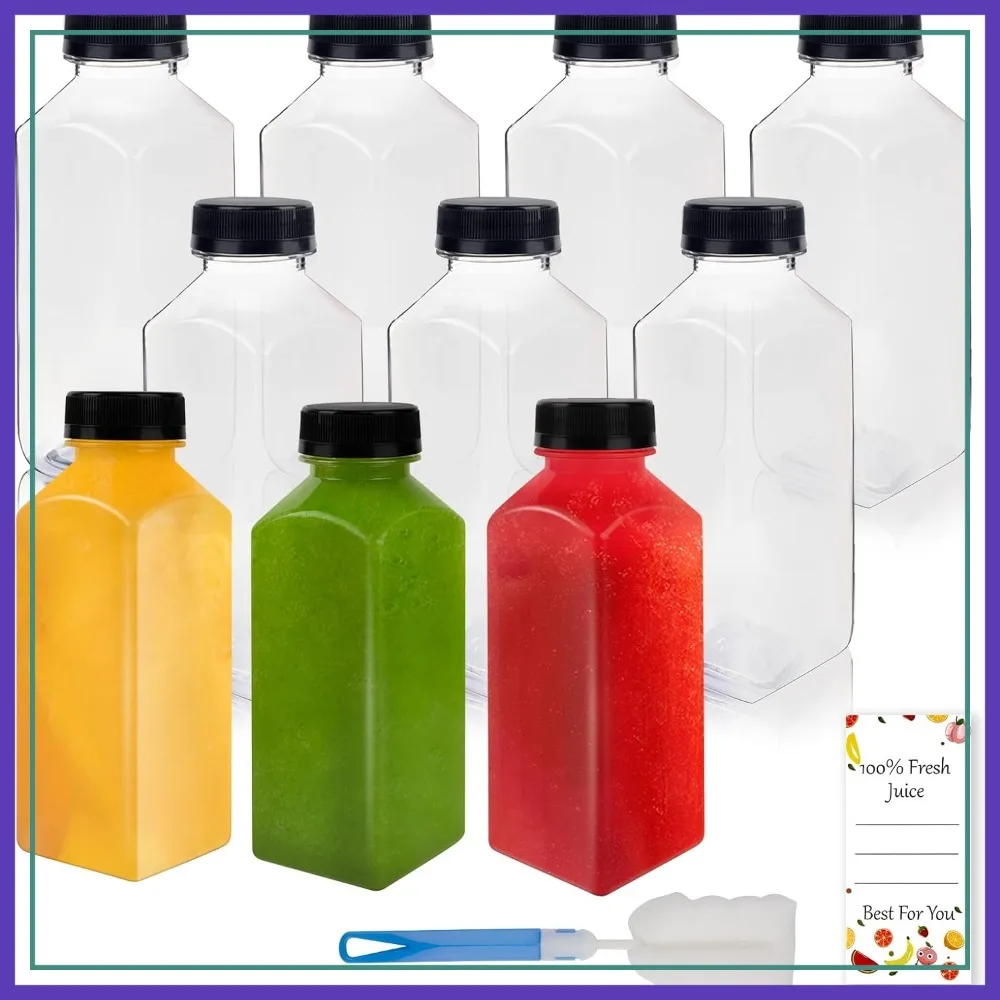 

10 Pcs 12oz Plastic Juice Bottles With Caps, Reusable Food Grade Containers for Juicing, Smoothies, Coffee