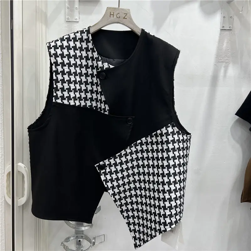 

Women 2024 Spring Autumn New Houndstooth Plaid Waistcoat Female Stitching Loose Vest Jacket Ladies O-neck Sleeveless Coats W769