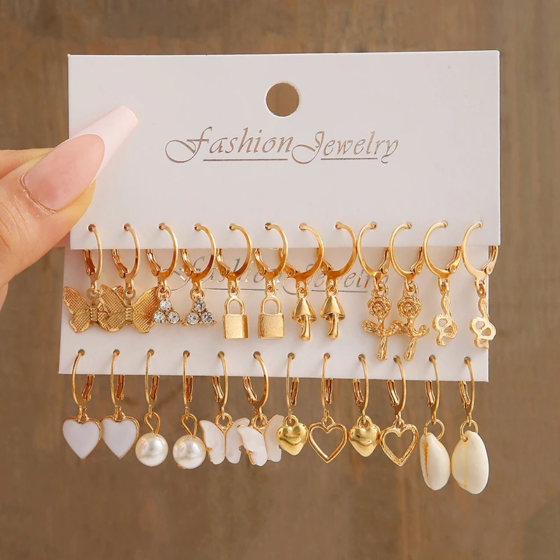 12Pcs/Set Of Gold Color Alloy Butterfly Heart Serpentine Earrings Set Acrylic Dangle for Women Metal Cartoon Vintage Jewelry