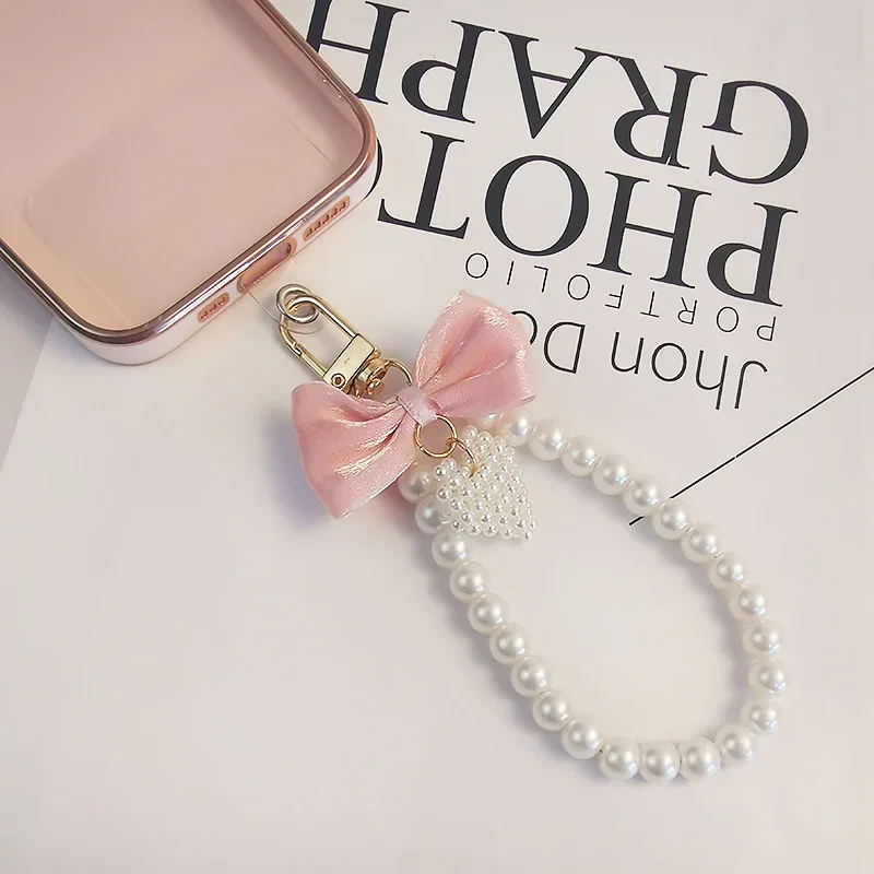 

Mobile Phone Lanyard Bow Knot Pendant Clip Type Pendant Universal Anti Loss Sling Short Wrist Strap Handmade Round Bead Pendant