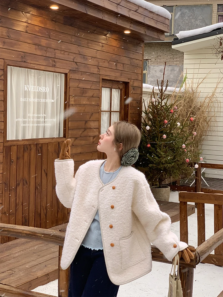 

Thiened Vintage Woolen Coat Women's Winter Outerwear Lamb Fur Suede Jaet Large Lapel Single Button Closure Long Sve