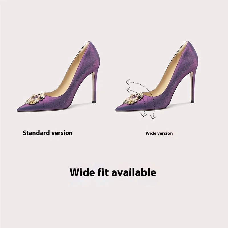 Spring new pointed shallow rhinestone silk flat shoes thin high-heeled banquet dress large size small size low-heeled women shoe