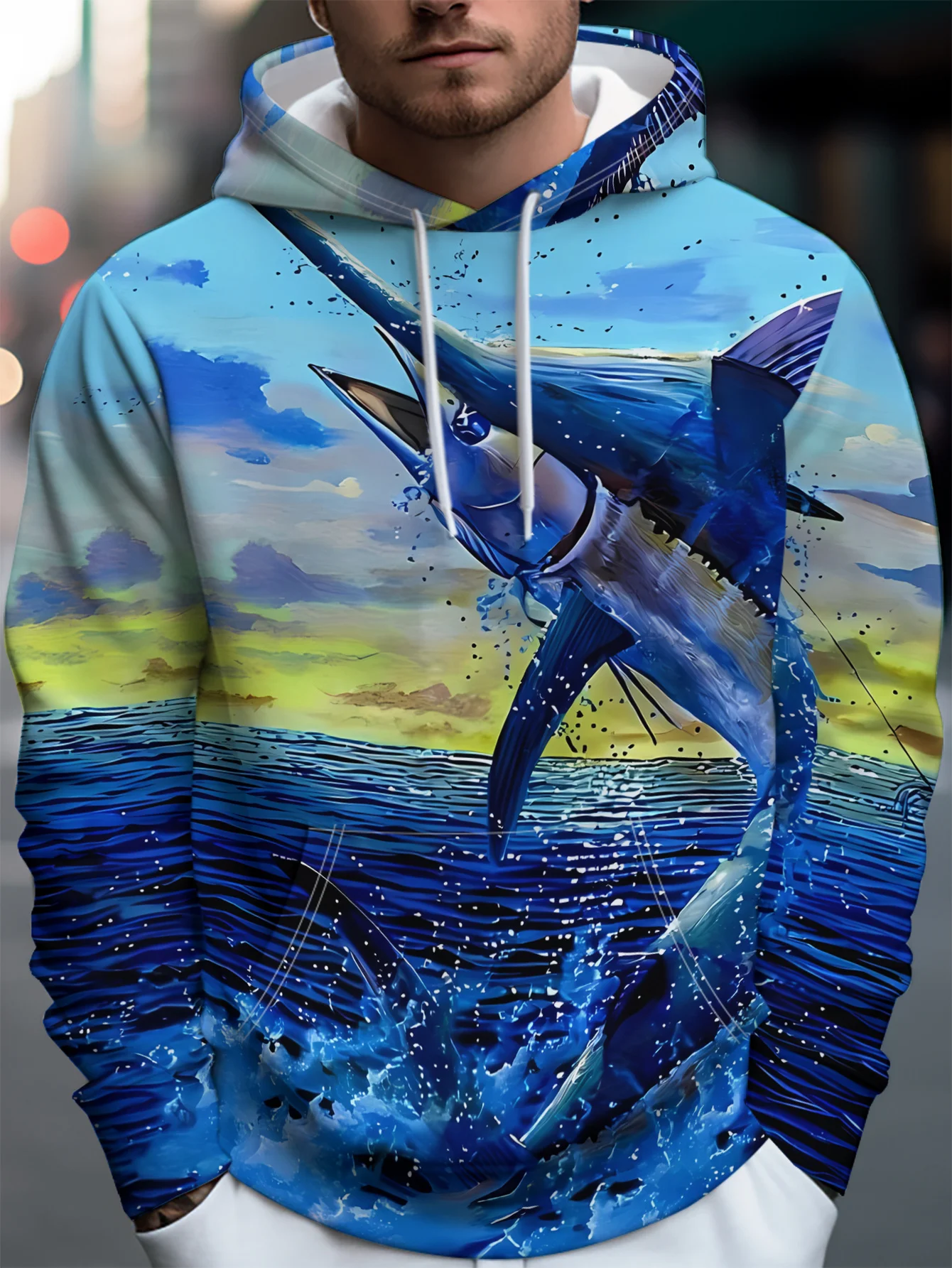 Men Blue Ocean Sunrise Marlin Fish Jumping Splash 3D All Over Print Hoodie Sea Scenery Graphic Casual Sweatshirt