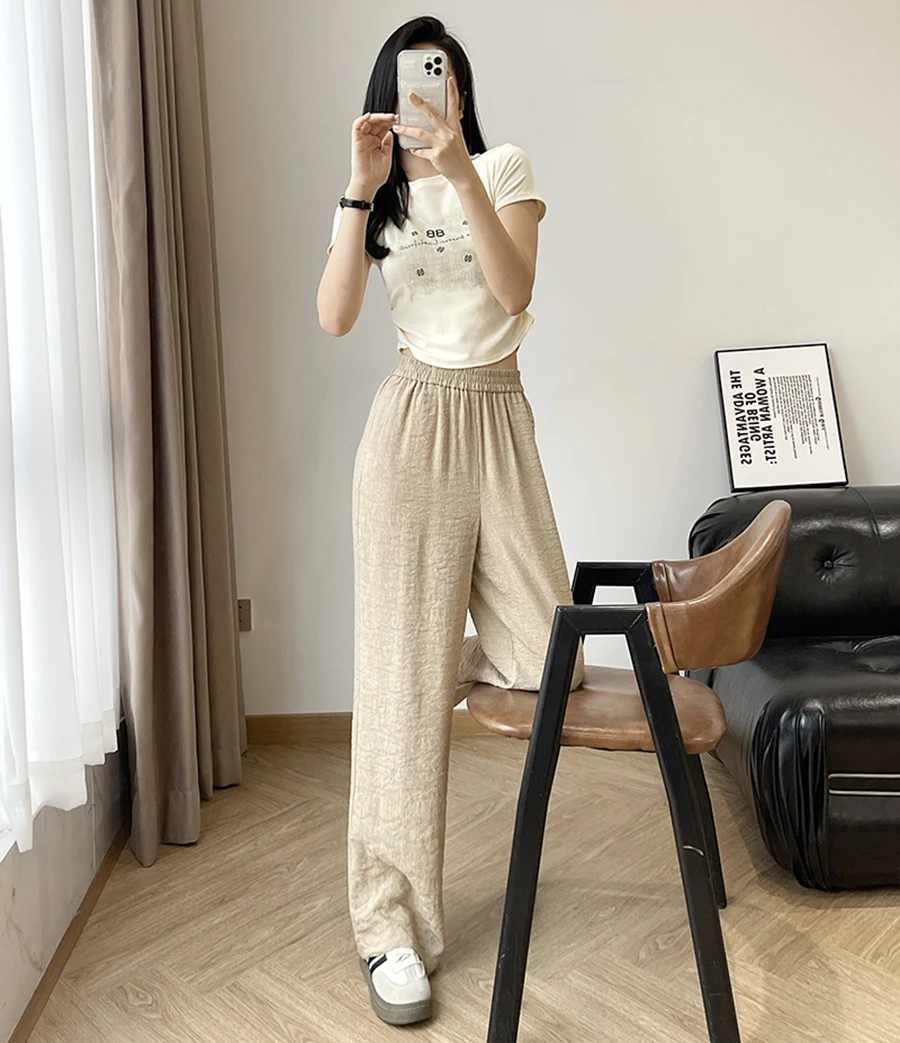 Women's Casual Wide-Leg Pants with Elastic Waistband & Side Pockets - 3D Jacquard Textured Fabric, Khaki Solid Color