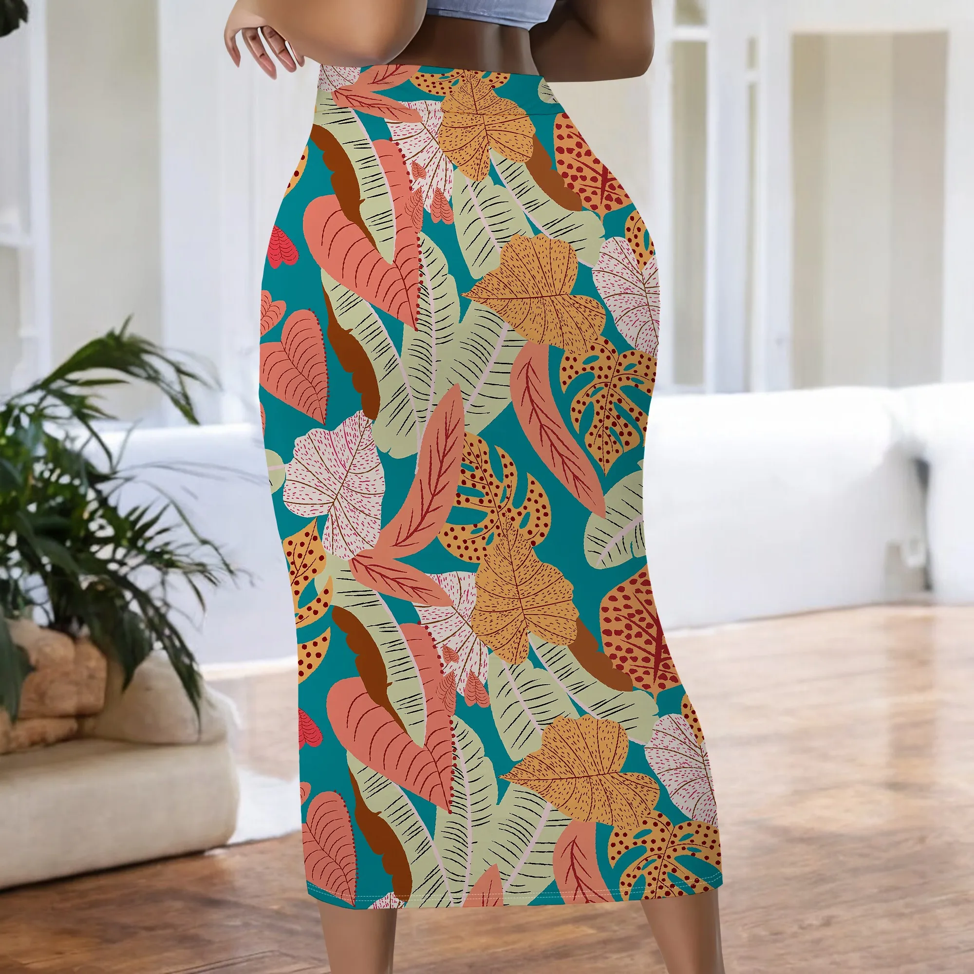 Tropischer Print-Rock, Boho-Midirock, Rock mit Blattmuster, Bleistiftrock mit hoher Taille, Sommer-Strand-Urlaubskleidung, S-2XL – Detail 6