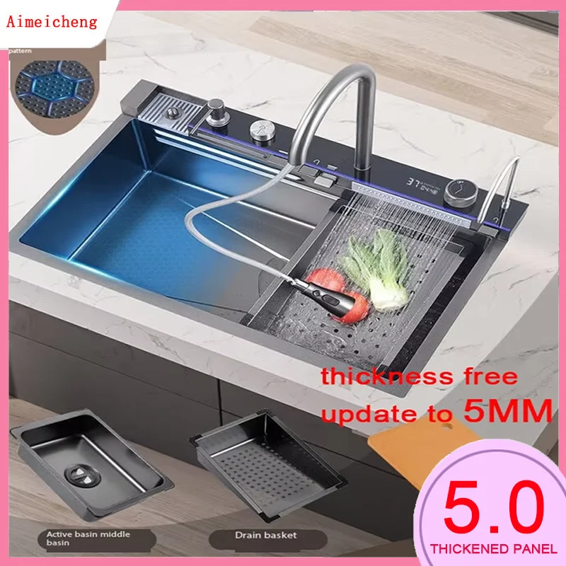 

Waterfall Sink Kitchen Stainless Steel Topmount Sink Black Nano Wash Basin Single Sink creative Stainless Steel Kitchen Sinks