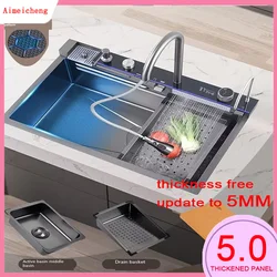 Fregadero de cascada de cocina, fregadero de montaje superior de acero inoxidable, lavabo Nano negro, fregadero individual, fregaderos de cocina creativos de acero inoxidable