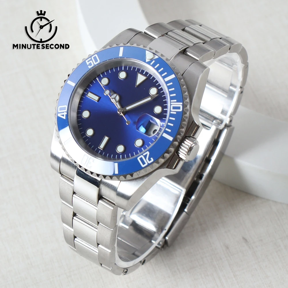 MINUTESECOND Blue Sub NH35 Watch 100 meters Waterproof Stainless Steel Oyster Band Blue NH35 28.5mm Dial Luxury Mechanical Watch