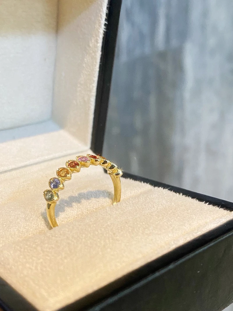LUOWEND 100% 18K Yellow Gold Rings Elegant Rainbow Style Natural Color Sapphire Engagement Ring for Women High Wedding Jewelry