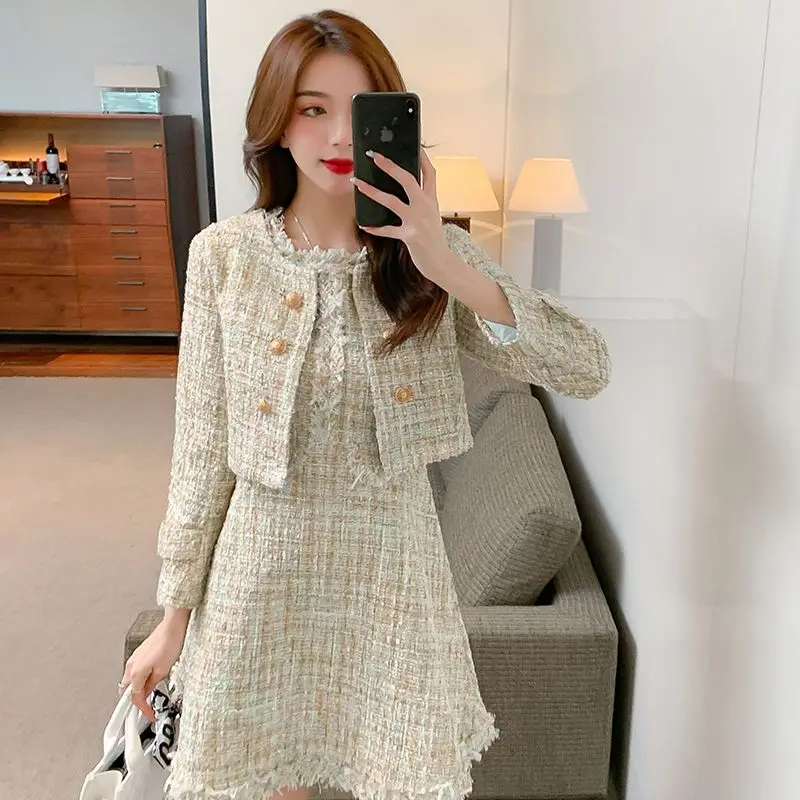 

Insozkdg Fall Small Fragrance Suit Women O Neck Metal Button Tweed Jacket +Vest Dress 2 Piece Set Plaid Tassels Long Sleeve Coat