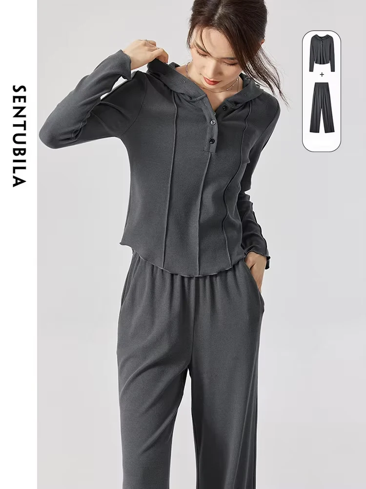 SENTUBILA Autumn Casual Sports Pant Sets for Women 2 Pieces 2024 New Tracksuit Pleated Hoodie Top Wide Leg Trousers 131Z47201