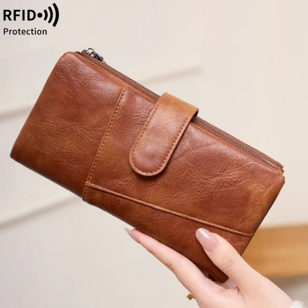 Simple RFID Anti-Theft Women's Wallet Large Capacity Credit Card Slots Clutch Bag Double Zipper Tri-fold Wallet Daily Use