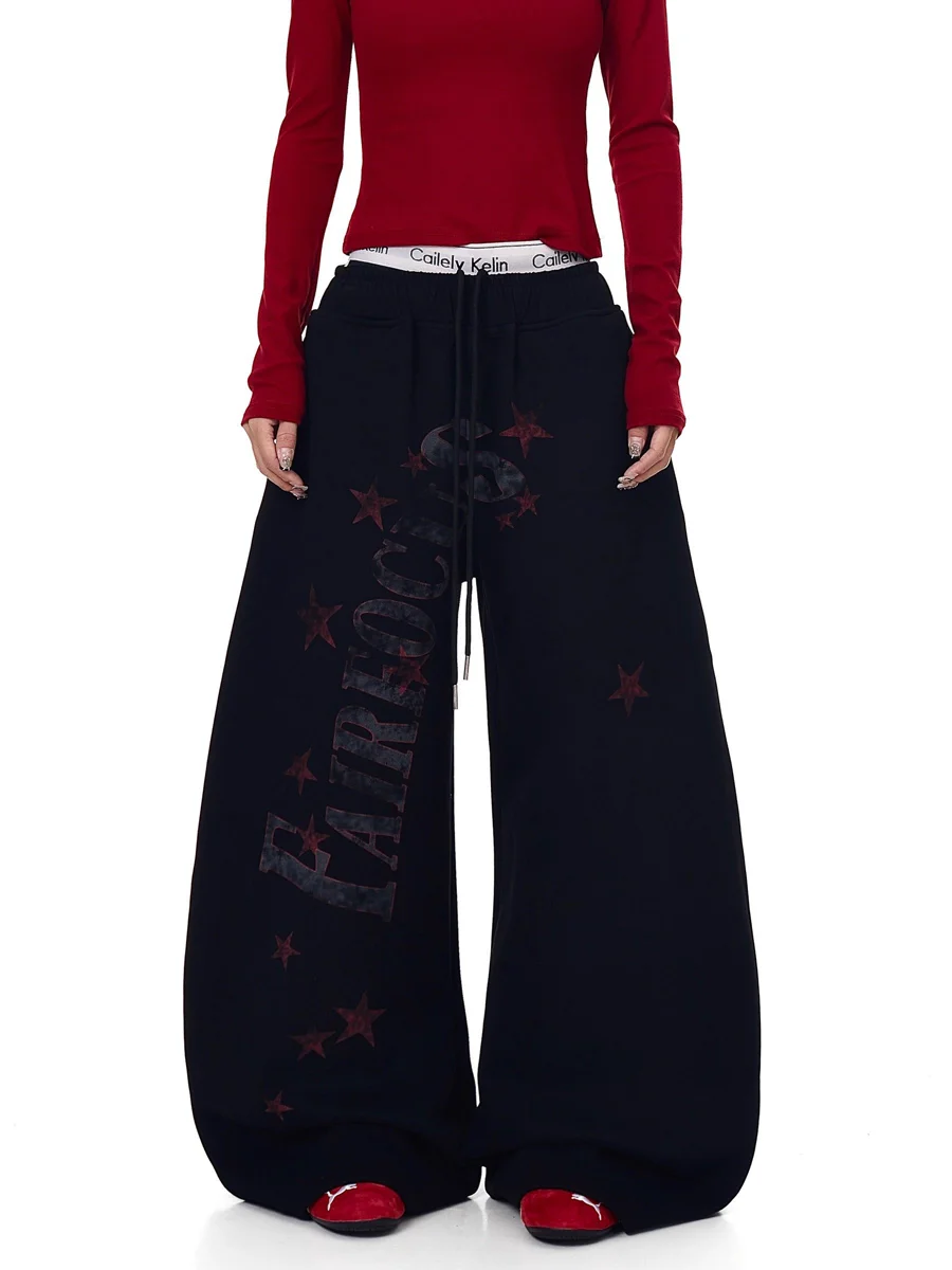 

Retro American Star Print Bow Knife Wide Leg Pants Men's Autumn Winter Loose Jazz Dance Casual Trousers Polyester Fiber