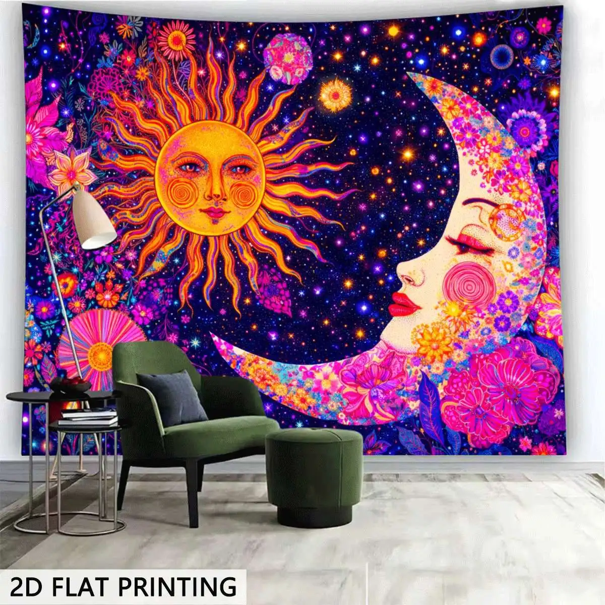 Bohemian Boho Tapestry Wall Decor Sun Moon Galaxy Celestial Cosmic Psychedelic Art Polyester Hanging Print for Boho Living Room