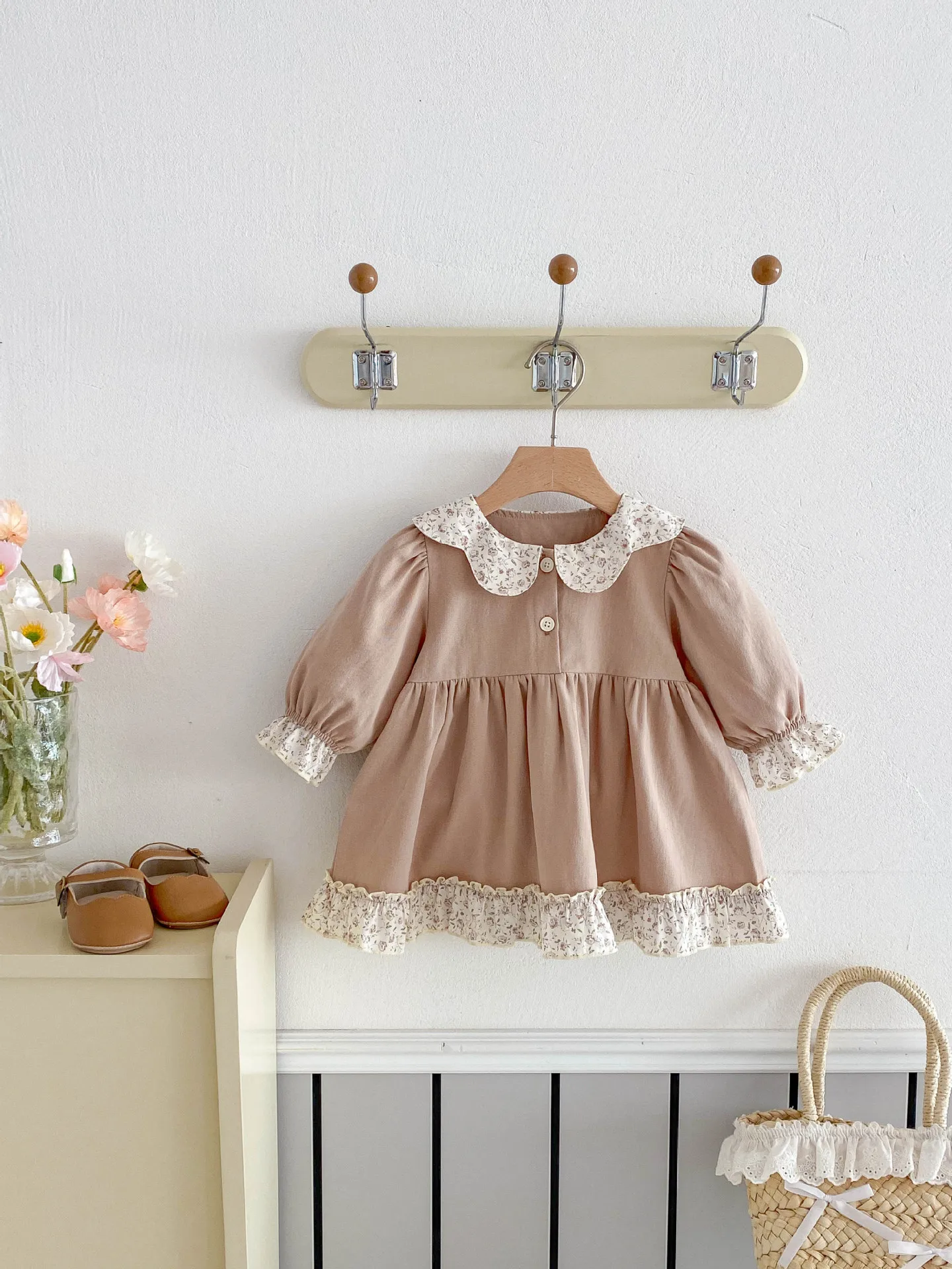 2025 Spring New Baby Long Sleeve Dress Girls Sweet Floral Lapel Princess Dress Cotton Infant Toddler Simple Casual Dresses
