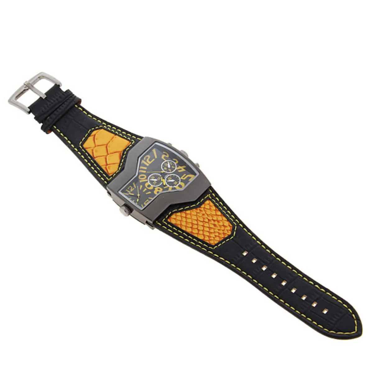 

Strap Watch Dual Time Display Men Quartz Watches PU Band 30M Waterproof Yellow Alloy Case Travel Accessories