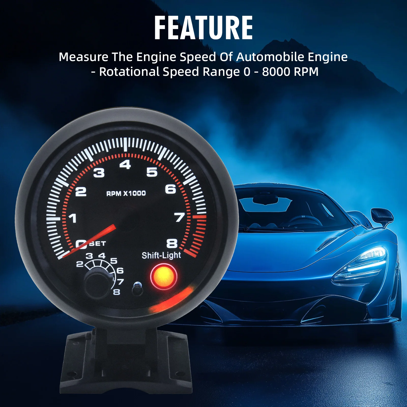 New 0-8000 RPM Tachometer with Red Shift Light 95mm 3.75 inch Black Tachometer White LED Auto Tacho Gauge For 12V Car