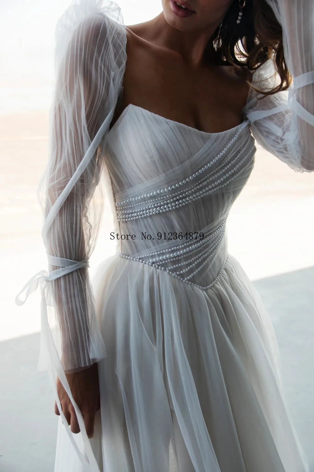 فستان زفاف مخصص على شكل قلب بدون أكتاف مع لمسات لؤلؤية وقطار متدفق فستان زفاف فاخر للاحتفالات الحديثة