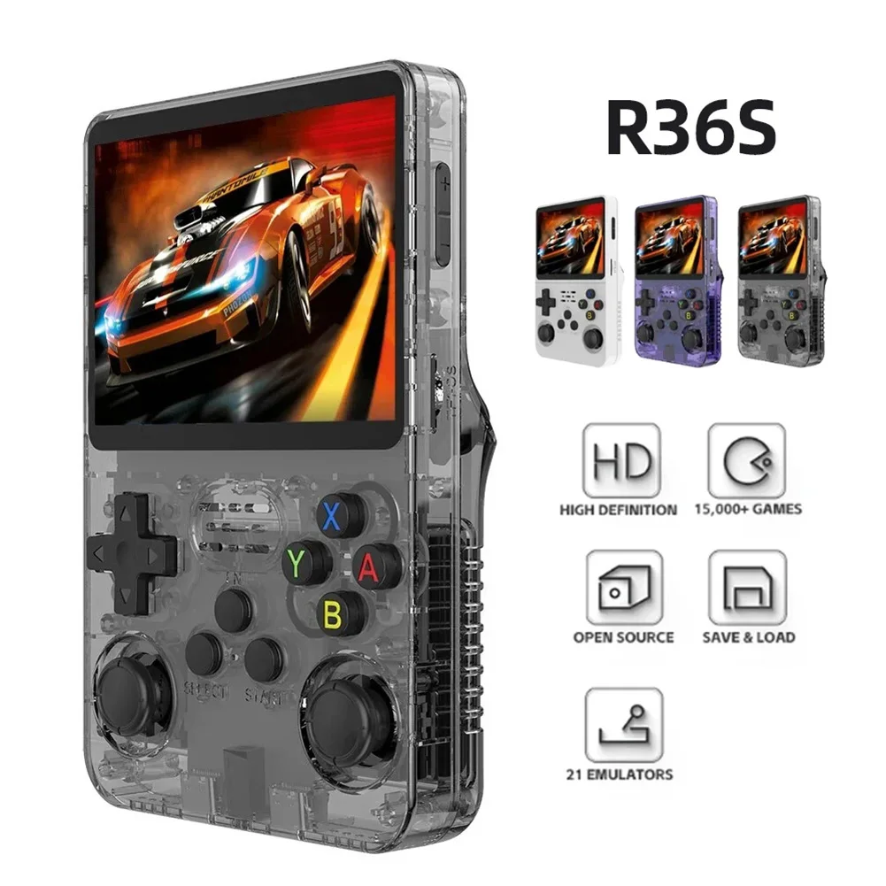 Consola de videojuegos portátil R36S, sistema Linux, pantalla IPS de 3,5 pulgadas, reproductor de vídeo portátil de bolsillo, juegos R35S de 64GB