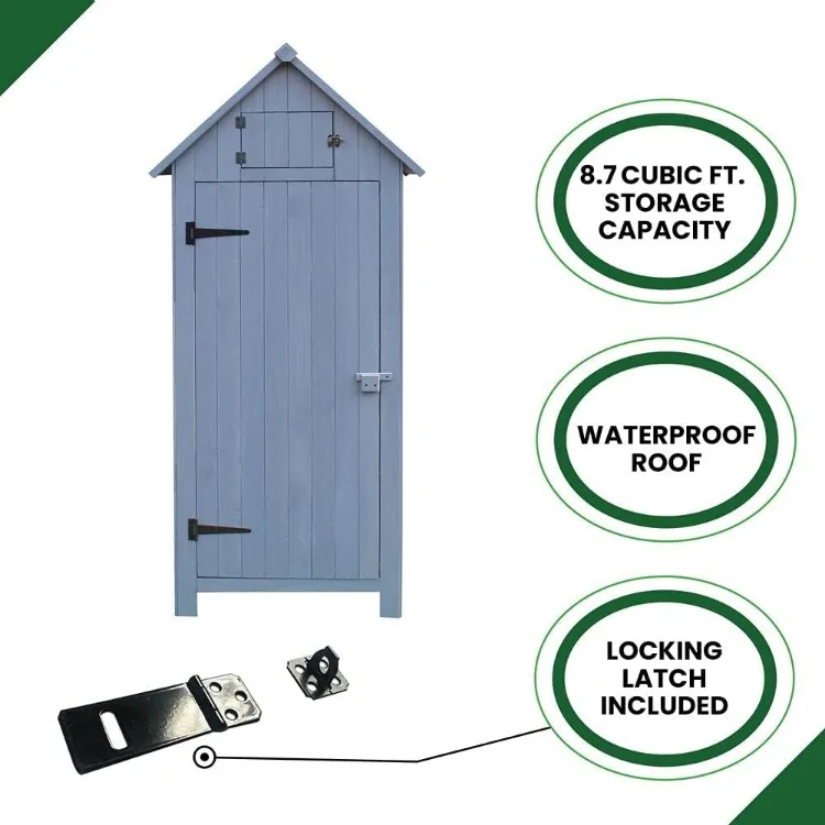 Prateleira de armazenamento ao ar livre com prateleiras e fechadura, Vertical Wood Shed para ferramentas, equipamentos, fontes de jardim, 8,7 cu. ft Capacidade