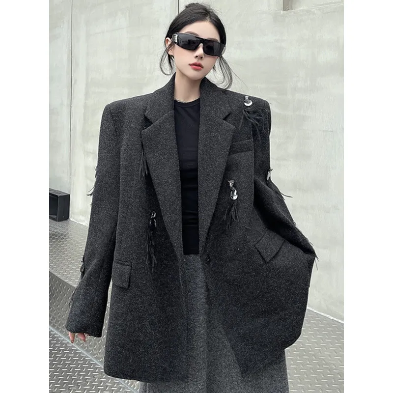 YERMORA Blazer Kasual Hangat Berumbai Rhinestone Abu-abu Untuk Wanita Kerah Lapel Lengan Panjang Longgar Jaket Baru Mode Musim Gugur Musim Dingin 2025