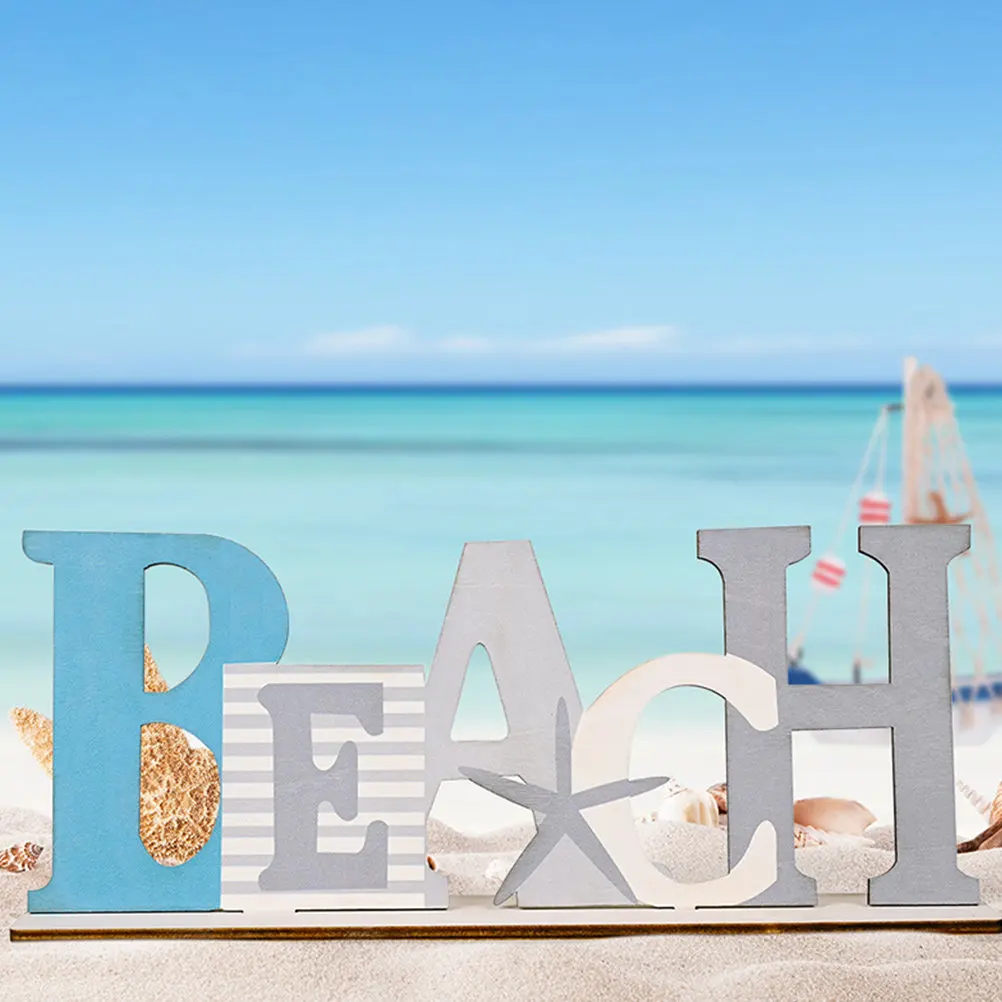 2Pcs Ocean Themed Wooden Beach Sign Mediterranean Style Decor for Living Room Kids Room Party Home Office Table Desk Decoration