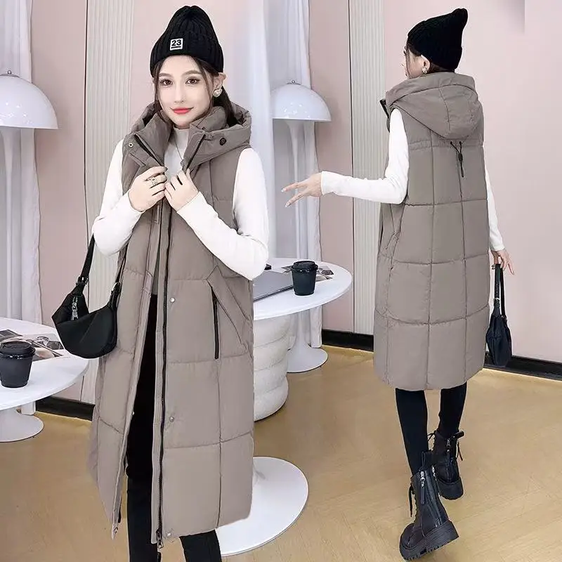 

New Long Winter Hooded Down Cotton Vest Jacket 2025 Women High-quality Thicke Warm Sleeveless Parkas Female Waistcoat Outwear