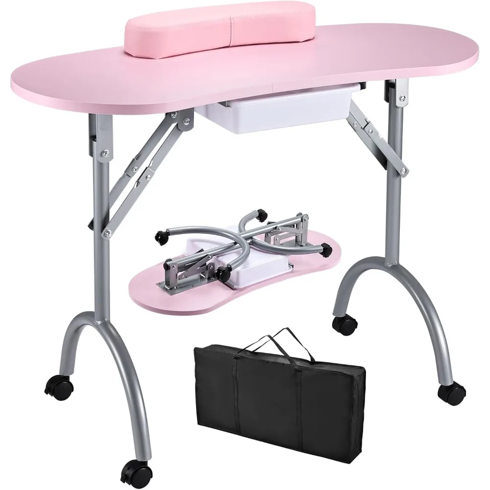 

Portable Nail Table Manicure Desk Foldable Nails Tech Station Professional Nail Desk with Drawer & Wrist Rest Wheeled Manicurist