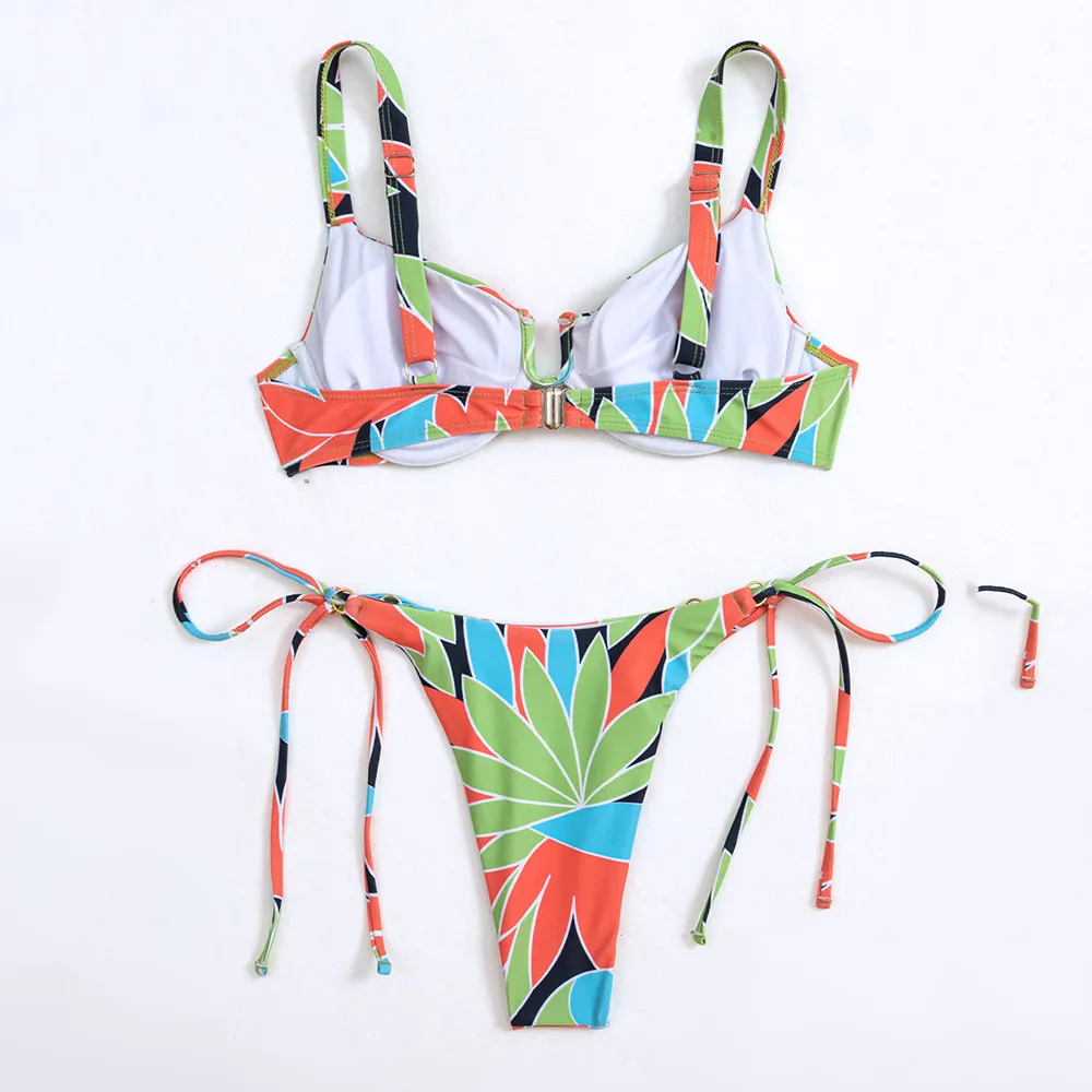 Bikini Set Sexy Color Leaf Print Swimwear Push Up Micro Thong Women String Lace-up Swimsuit Mini Bathing Suit Bikini 2024 Mujer